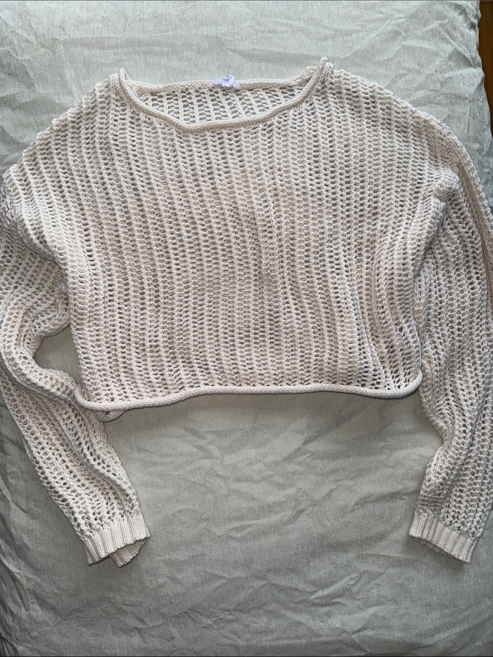Garage Cream Open-Knit Cropped Crew Sweater